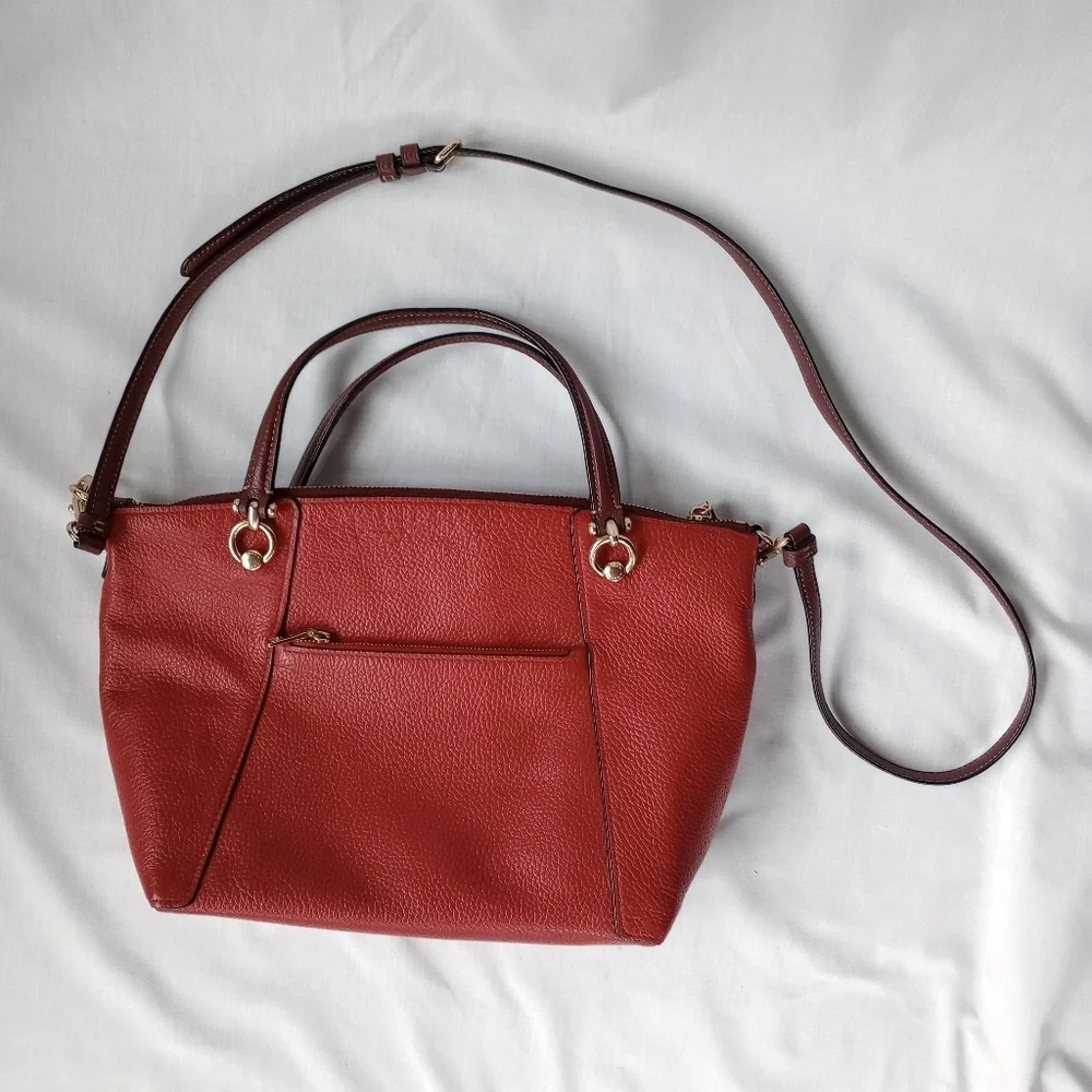Coach Red Pebbled Leather Satchel with Dark Brown Trim and Gold Hardware